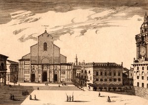 Die Basilika San Petronio auf der Piazza Maggiore, Bologna, Emilia-Romagna, Italien, Kupferstich