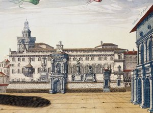 Ansicht des alten Platzes in Bologna, Stich von Giacomo Lauro und Joan Blaeu aus Theatrum civitatum et admirandorum Italiae, veröffentlicht in Amsterdam 1663