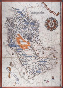 Karte der Arabischen Halbinsel, mit Windrose und Details von Häfen und Küsten, im Atlas von Joan Martines