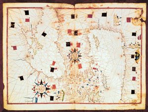 Karte des östlichen Teils des Mittelmeers und des Schwarzen Meeres, Manuskript eines Portolan-Atlas aus dem 16. Jahrhundert von Joan Martines