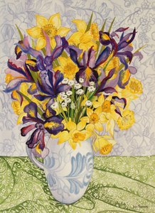 Iris und Narzissen mit gemusterten Textilien von Joan Thewsey