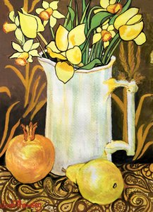 Tulpen und Narzissen in einem weißen Krug, mit Textilien, Granatapfel und Birne von Joan Thewsey