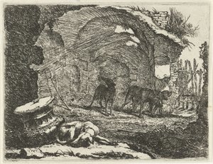 Vier Hunde bei einer Ruine von Joannes Fijt