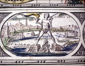 Darstellung der Sieben Weltwunder der Antike: der Koloss von Rhodos. im Atlas von Jansson Jannsonius, gedruckt in Amsterdam im Jahr 1630. Private Sammlung