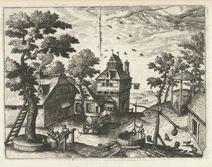 Gasthaus mit Wasserbrunnen (Landschaften, Seestücke und fantasievolle Stadtansichten) von Joannes van Doetechum (I) (attributed to)