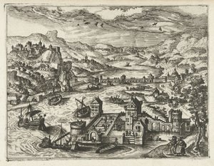 Flusslandschaft mit Wasserburg von Joannes van Doetechum (I) (attributed to)