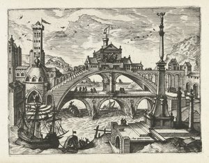Stadt mit bebauter Brücke von Joannes van Doetechum (I) (attributed to)