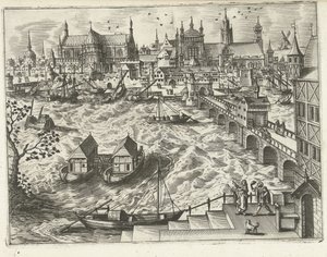 Stadtansicht mit Brücke und Hafen (Landschaften, Seestücke und fantasievolle Stadtansichten) von Joannes van Doetechum (I) (attributed to)
