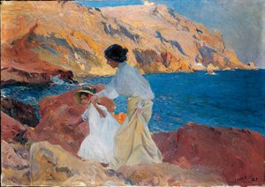 Clotilde und Elena auf den Felsen, Javea, 1905 von Joaquín Sorolla