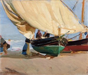 Fischer, gestrandete Boote, Valencia; Pescadores, barcas varadas, Valencia von Joaquín Sorolla