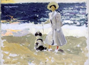 Dame und Hund am Strand von Joaquín Sorolla