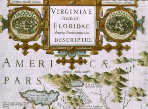 Titelkartusche und Einsätze, Detail der Karte von North Carolina mit dem Titel Virginiae item et Floridae, aus dem Mercator-Atlas von 1606, veröffentlicht von Jodocus Hondius, 1619