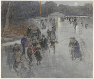 Eisvergnügen bei Mondlicht, auf einem zugefrorenen Teich im Haagse Bos von Johan Antonie de Jonge