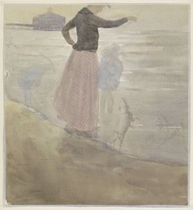 Frau mit zwei Kindern und einem Hündchen am Strand