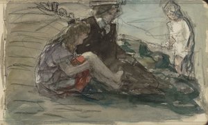 Frau mit zwei Kindern am Wasser von Johan Antonie de Jonge
