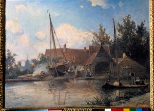 Niederländische Landschaft mit einem großen Boot