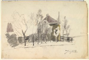 Heuwagen in einem Bauernhof (recto); Ansicht eines Bauernhofs (verso)