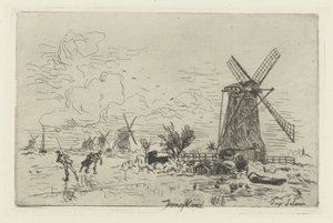 Landschaft mit Mühlen und Schlittschuhläufern von Johan Barthold Jongkind