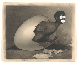 Entwurf für Illustration in De Amsterdammer: Ein schwarzer Mann kriecht aus einem Ei (19. April 1930) von Johan Braakensiek