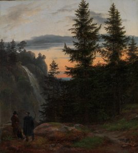 Zwei Männer vor einem Wasserfall bei Sonnenuntergang, 1823