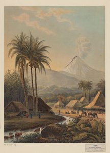 Ansicht eines Dorfes und des Vulkans Semeru auf Java