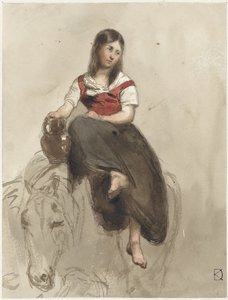 Frau auf einem Pferd sitzend mit Krug