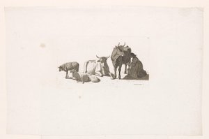 Frau, die eine Kuh melkt, mit Rindern und Schafen von Johan Jakob Biedermann