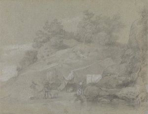 Ein Fluss an einem felsigen Ufer mit Figuren, möglicherweise in Indien von Johan Joseph Zoffany