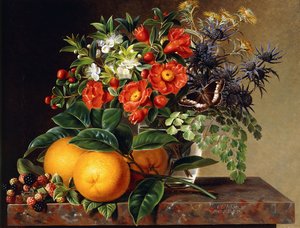 Orangen, Brombeeren und eine Vase mit Blumen auf einem Sims, 1834 von Johan Laurents Jensen
