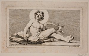 Vignette. Ein sitzender Apollo mit der Harfe