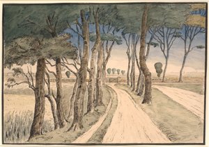 Feldlandschaft. Im Vordergrund ein Weg mit Bäumen von Johan Rohde