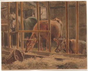Das Innere eines Stalls mit einem weißen Pferd und zwei Kühen von Johan Thomas Lundbye
