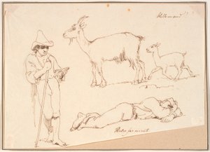 Ein Hirte, eine Ziege mit ihrem Kitz und ein liegender Mann von Johan Thomas Lundbye