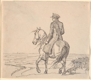 Ein Reiter schräg von hinten gesehen, reitend in eine weite Landschaft