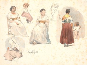 Vier Studien von Italienerinnen, eine mit einem Kind an der Hand, sowie eine Studie eines Kindes und eine Studie eines Straßenkehrers von Johan Thomas Lundbye