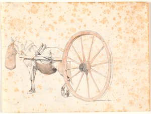 Ausgearbeitete Studie eines Karrenpferdes mit Maulkorb, vom Karren ist nur die Deichsel und ein sehr großes Rad zu sehen von Johan Thomas Lundbye