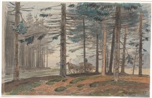 Fichtenwald mit Weg, auf dem ein Pferdewagen mit Holz fährt. Im Hintergrund eine Lichtung im Wald von Johan Thomas Lundbye