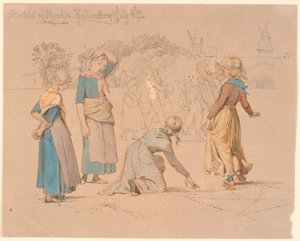 Im Vordergrund einige Mädchen, die Himmel und Hölle spielen. Im Hintergrund einige Jungen, die Soldat spielen, sowie ein Invaliden, der zusieht von Johan Thomas Lundbye