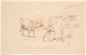 Komm Bos! Vor einem Bauernhof sitzt eine Frau mit einem Kind, das auf eine Kuh zeigt von Johan Thomas Lundbye