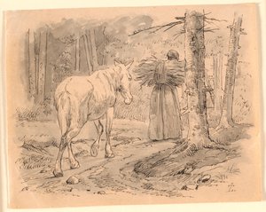 Die Frau und das Pferd. Illustration zu Kaalunds "Fabler for Børn". Siehe Kommentar aus dem Arkatalog. von Johan Thomas Lundbye