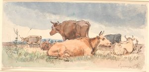 Landschaft mit drei liegenden und drei stehenden Kühen von Johan Thomas Lundbye