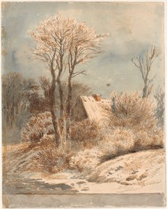 Schneelandschaft mit Haus zwischen Bäumen von Johan Thomas Lundbye