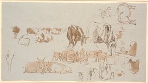 Studienblatt. Studien von Kühen, in der Mitte der Melkwagen mit drei Mädchen und einem Hirten von Johan Thomas Lundbye