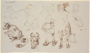Studienblatt aus Vognserup. Oben Studien von Kühen, in der Mitte 4 Studien von Melkerinnen von hinten gesehen von Johan Thomas Lundbye