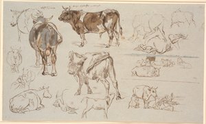 Studienblatt aus Vognserup. Studien von Kühen, Stieren und Kälbern. Rechts zwei Landschaftsstudien, die obere mit liegenden Kühen, die untere mit Melkszene von Johan Thomas Lundbye