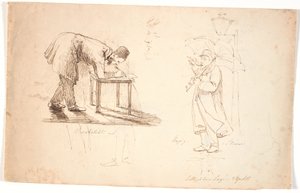 Studienblatt, links der Künstler selbst, vornübergebeugt, zeichnend auf einem Hocker oder kleinen Tisch. Darüber zwei Studien eines Offiziers und eines Mannes im Anzug. In der Mitte ein Studienkopf, Selbstporträt. Rechts steht der Künstler mit Regenschirm  von Johan Thomas Lundbye