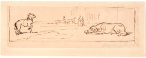 Zwei Hunde auf einer Straße. Im Hintergrund ein Pferdewagen und zwei Fußgänger von Johan Thomas Lundbye