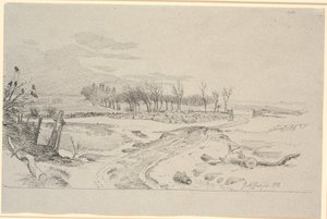 Winterlandschaft mit einem Weg, der sich über die Felder durch ein Steintor schlängelt von Johan Thomas Lundbye