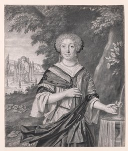 Porträt einer Frau in der Nähe eines Brunnens, eine Rose in der Hand von Johan Thopas