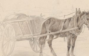 Ein von einem braunen Pferd gezogener Wagen in der Nähe eines Laternenpfahls, Verso: Eine Gruppe berittener Offiziere von Johann Adam Klein